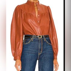 Levi’s Nwot, Cognac Faux Leather Snap Front Shirt. Leather Top For Office In Fall, Leather Tops For Office In Fall, Classic Leather Tops For Fall, Chic Leather Tops For Fall, Elegant Leather Tops For Fall, Fitted Leather Top For Winter, Trendy Faux Leather Tops For Fall, Trendy Leather Long Sleeve Tops, Brown Leather Top For Fall