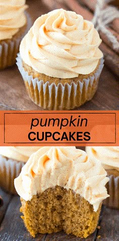 pumpkin cupcakes with cream cheese frosting on top