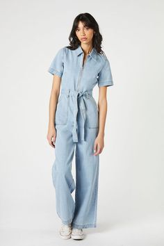 Cotton Utility Jumpsuit With Short Sleeves, Cotton Utility Jumpsuits And Rompers With Short Sleeve, Cotton Denim Jumpsuit With Short Sleeves, Casual Cotton Jumpsuits And Rompers With Belt Loops, Workwear Jumpsuits With Short Sleeves And Belt Loops, Short Sleeve Jumpsuits And Rompers For Workwear, Short Sleeve Cotton Denim Jumpsuit With Pockets, Cotton Denim Jumpsuit With Pockets, Short-sleeve Denim Jumpsuit With Pockets