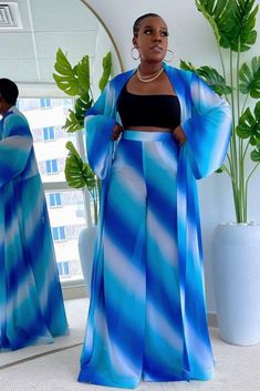 042623 The Blue Sky Vacation Duster & Wide Leg Palazzo Pant Set Kimono Pants Set, Long Kimono Outfit, Palazzo Pants Outfit, Modest Dresses Fashion, 2piece Outfits, Chic Dress Classy, Kimono Outfit, African Print Dress Ankara, Long Sleeve Kimono