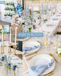 baby in bloom table setting with blue and white flowers, candles, and napkins