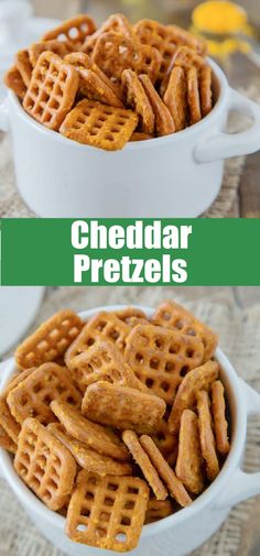 cheddar pretzels in a white bowl with the words cheddar pretzels above them