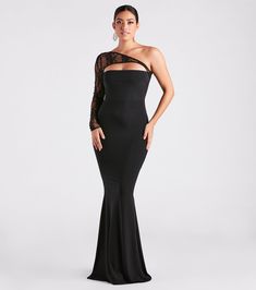 Sleek, stunning, and sexy, the Magnolia long formal mermaid dress has it all. She features a captivating sheer lace one-shoulder neckline with a fitted long sleeve, a cutout bust, and a flattering mermaid silhouette with a floor-length hem that flaunts your gorgeous curves! The formal dress is composed of smooth knit-lined fabric with a moderate stretch. Complete the look in rhinestone earrings for a black tie party!Fit & FeaturesSheer lace one-shoulder neckline, fitted long sleeveCutout bustMermaid silhouetteFloor-length hemLined smooth knit fabric, moderate stretchStrapless or sticky bra recommendedRuns true to size Glamorous One Shoulder Fitted Mermaid Dress, Elegant Fitted Mermaid Dress, Elegant Formal Bodycon Mermaid Dress, Fitted One Shoulder Mermaid Dress For Gala, One-shoulder Fitted Mermaid Dress For Gala, Fitted One-shoulder Mermaid Dress For Gala, Glamorous One-shoulder Fitted Mermaid Dress, Elegant Mermaid Dress For Night Out, Elegant Stretch Mermaid Dress For Prom