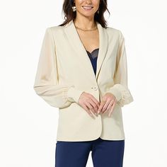 Colleen Lopez Chiffon Sleeve Ponte Knit Blazer   For an elevated take on a classic style, this mixed media ponte knit blazer goes the extra mile. Elegant Stretch Solid Color Blazer, Elegant Stretch Long Sleeve Blazer, Elegant Long Sleeve Stretch Blazer, Elegant Stretch Blazer With Long Sleeves, Elegant Cream Outerwear For Layering, Elegant Tailored Blazer For Layering, Elegant Stretch Outerwear For Layering, Fitted Beige Blazer For Layering, Chic Beige Blazer For Layering