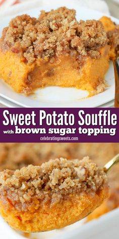 sweet potato souffle with brown sugar topping on a white plate and in a casserole dish