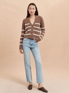 Mini Marina Cardigan | La Ligne NYC Winter Textured Knit Brown Cardigan, La Ligne Mini Marin Sweater, Cozy Brown Textured Knit Cardigan, Brown Textured Knit Cardigan, Long-sleeve Textured Cotton Cardigan, Soft Sweaters, Chelsea Girls, Perfect Cardigan, Lady M