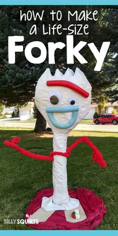 an inflatable forky is on the grass with text overlay that says how to make a life size forky