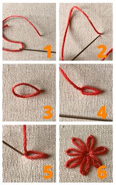 the steps to crochet an ornament for a flower with red yarn