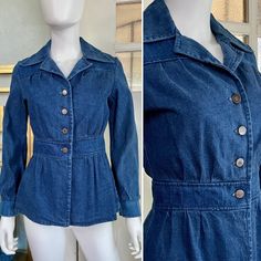 "Vintage 70s blue denim jacket by Country Blues, Sebastopol, CA. Medium weight denim with metal buttons down the front and on the cuffs. Classic 70s styling with splayed, pointy collar. Very good vintage condition with minor signs of wear and age. Best for an XSmall or Small. However, please refer to the garment measurements to ensure a proper fit. Bust: 35\" Waist: 27\" Hips: 40\" Length: 25\" All items are sold AS IS. These are vintage pieces, 20 plus years old! I may miss flaws or condition i Pointy Collar, Country Blue, Blue Denim Jacket, Swaggy Outfits, Vintage Pieces, Metal Buttons, True Vintage, Medium Weight, Vintage 70s