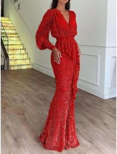 Mermaid / Trumpet Evening Gown Elegant Dress Formal Floor Length Long Sleeve V Neck Sequined with Glitter Pleats Ruffles 2024 Elegant White Dress, Gown Elegant, Beautiful White Dresses, Floral Embellishment, Dresses Formal Elegant, Braut Make-up, Evening Gowns Elegant, Detachable Collar, Womens Floral Dress