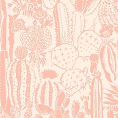 a pink and white wallpaper with cacti on it