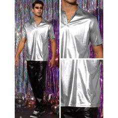 The unique metallic T-shirt is different from ordinary short-sleeved shirts. It has a design that combines a stand-up collar and a V-neck. Team your metallic short-sleeved T-shirt with a jacket, jeans or punk pants for a stylish look that will stand out from the crowd. Metallic t-shirts are suitable for parties, clubs, discos, festivals, carnivals, proms and everyday casual wear. Fitted Silver T-shirt With Short Sleeves, Holiday Party T-shirt With Short Sleeves, Metallic Short Sleeve Shiny Top, Short Sleeve Tops For Summer Costume Party, Silver Crew Neck Top For Party, Silver Short Sleeve T-shirt For Summer, Metallic Short Sleeve Tops, Jockey Mens, Punk Pants