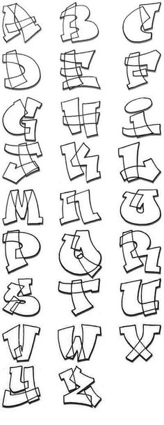 graffiti alphabets and numbers drawn in black ink on white paper with the letters written below them