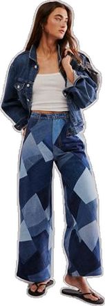 Casual Wide Leg Patchwork Jeans, Fall Denim Blue Patchwork Pants, Fall Patchwork Denim Blue Pants, Blue Patchwork Jeans For Fall, Fall Blue Patchwork Jeans, Wide Leg Patchwork Denim Jeans, Trendy Patchwork Denim Blue Jeans, Trendy Denim Blue Patchwork Jeans, Retro Patchwork Denim Pants