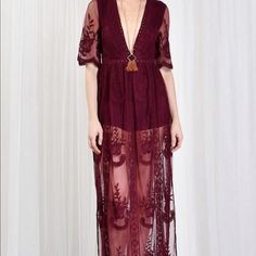 Burgundy Color Lace Dress. Never Worn, Like Brand New Brown Short Sleeve Maxi Dress For Party, Spring Sheer Brown Dress, Sheer Brown Spring Dress, Brown Sheer Spring Dress, Spring Burgundy Maxi Dress For Date Night, Brown Sheer Dress For Spring, Burgundy Maxi Dress For Spring Date Night, Fall Lace V-neck Maxi Dress, Sheer Fall Beach Dresses