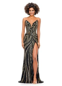 Ashley Lauren 11236 Long Fitted V Neck Slit Beaded Sequin Prom Dress Pageant Gown This strapless gown is sure to turn heads. The sweetheart neckline is complete with a modern floral sequin motif that continues down the bustier and skirt. The skirt is complete with a left leg slit. Strapless Bustier Left Leg Slit Fully Hand Beaded Bustier And Skirt, Sequin Ball Gown, Glitter Prom Dresses, Ashley Lauren, Pageant Gown, Strapless Bustier, Sequin Prom Dress, Short Summer Dresses, Sequin Prom Dresses