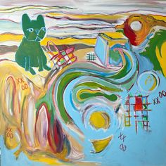 an abstract painting with various colors and shapes, including a green cat sitting on top of a chair