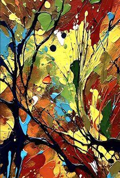 an abstract painting with lots of colors and shapes on it's surface, as well as the tree branches