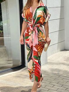 Women Summer Vacation Leaf Printed Belted Dress Multicolor Boho  Short Sleeve Woven Fabric Tropical,Plants,All Over Print Shirt Non-Stretch  Women Clothing, size features are:Bust: ,Length: ,Sleeve Length: Elegant Shirt Dress, Mode Prints, Robes Glamour, Buttoned Dress, Robes D'occasion, Collared Shirt Dress, Sleeves Clothing, Printed Shirt Dress, Turndown Collar