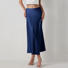 Seasonal Fave Satin Long Midi Skirt Elegant Non-stretch Skirt For Night Out, Elegant Non-stretch Lined Skirt, Fitted Long Pleated Skirt In Solid Color, Fitted Long Skirt In Solid Color, Non-stretch Elegant Midi Skirt, Chic Non-stretch High Waist Skirt, Blue Non-stretch Pencil Skirt, Chic High-waist Non-stretch Skirt, Chic Non-stretch High-waist Skirt