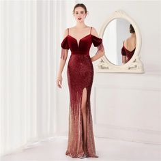 Elegant Boat Neck Sequin Evening Dress with Long Sleeves - Perfect for Company Banquet Party Dress Mermaid, Sequin Evening Dresses, Fishtail Dress, Evening Gowns Elegant, Evening Dress Fashion, Cocktail Evening Dresses, Split Dress, Mermaid Evening Dresses, Elegant Red