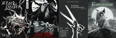 the covers to three horror movies are shown in black and white, with an image of a demon holding two large scissors