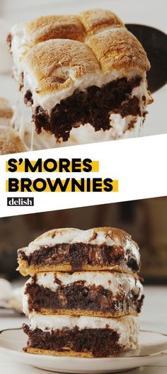 there are three brownies stacked on top of each other with the words s'mores and brownies