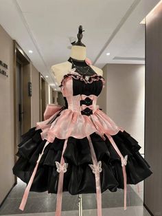 Black and Pink Butterfly Princess Corset Puff Dress Lolita Jumper Skirt Dolly Dress, Style Kawaii, Puff Dress, Suspender Dress, The Promise, Dress Set, Rave Outfits, Black And Pink