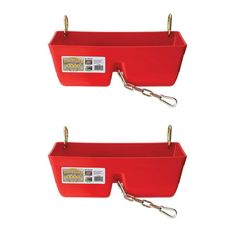 two red plastic bins with chains hanging from the handles on each side, one is empty