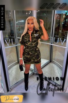 Camo Print Short Sleeve Turn Down Collar Cargo Dresses Casual Camouflage Dresses, Color Pick, Camo Print, 1 Million, Women's Fashion Dresses, Printed Shorts, Army Green, Camo, Fashion Dresses