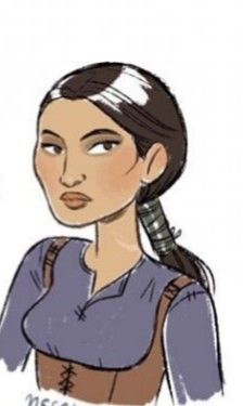 a drawing of a woman with a ponytail in her hair and wearing a blue shirt