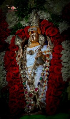 the statue is surrounded by red flowers and greenery, with a gold crown on it's head