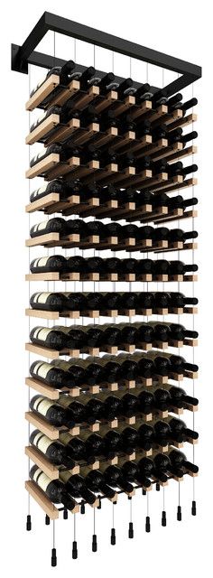 a wine rack with many bottles hanging from it's sides and two rows of wine in the middle