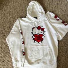 New Girl Order Hello Kitty Hoodie Size 10 Never Worn White Winter Top With Cat Design, White Cat Design Top For Winter, Hello Kitty Print Long Sleeve Hoodie For Streetwear, Cute White Winter Hoodie, White Hooded Hoodie With Cartoon Print, White Hoodie With Cartoon Print, Casual Hello Kitty Hooded Sweatshirt, Hello Kitty Print Cotton Hoodie For Streetwear, Casual Hooded Hello Kitty Sweatshirt