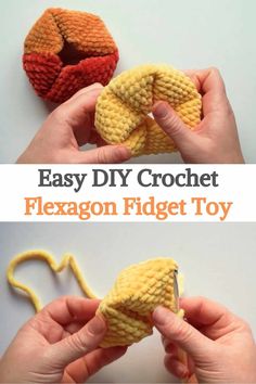 two photos showing how to make an easy crochet flexagon fidget toy