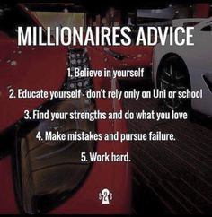 a poster with the words millionaires advice written in front of two sports cars