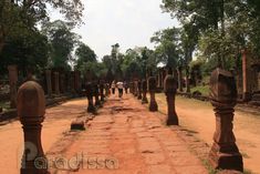 people walking down a dirt road lined with stone pillars and trees in the background, surrounded by ancient ruins