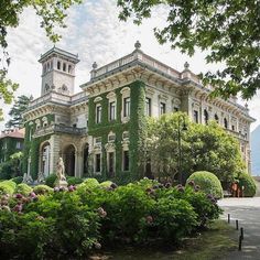 an old building with ivy growing on it's sides and bushes in the foreground