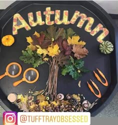 an autumn themed tray with scissors, leaves and acorns on it that says autumn