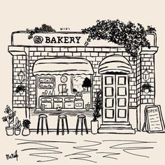 a drawing of a bakery with stools outside