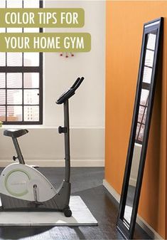 an exercise bike in front of a mirror with the words color tips for your home gym