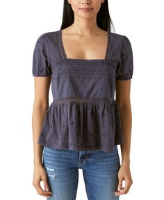 Its square-neck and short sleeves make this Schiffley top from Lucky Brand a great addition to your warm-weather wardrobe| Embroidered Details, Peplum Hem, Modern Square, Aragon, Hem Top, Puff Sleeve Top, Cotton Top, Cotton Tops, Square Neckline