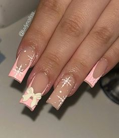 #coquette #nails #pinknails Acrylic Nail Designs Winter Simple, Pink Winter Nails Square, Cute Square Christmas Nails, New Year And Christmas Nails, Christmas Nails Baby Pink, Pink Christmas Nail Designs Short, Christmas Nail Designs Medium Length, Long Pink Christmas Nails, Short Pink Christmas Nail Designs