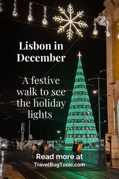 a lighted christmas tree in the middle of a street with words reading, tisive walk to see the holiday lights