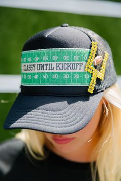 DOWN THE FIELD BLACK TRUCKER HAT TRUCKER HAT Judith March Kristin Juszczyk, Coaches Wife, Royal Diamond, Black Trucker Hat, Custom Trucker Hats, Painted Hats, Field Goal, Hat Ideas, Football Field