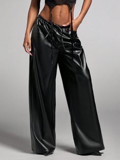 Women's Solid Black Casual/Commute/Afternoon Tea/Concert/Party Wear Leather-Like PU Simple Drawstring Waist Wide Leg Pants, Autumn/Winter Black Casual   Woven Fabric Plain Wide Leg Slight Stretch  Women Clothing, size features are:Bust: ,Length: ,Sleeve Length: Concert Party, Party Kleidung, Sports Trousers, Women Legs, Pantalon Large, Girls Pajamas, Style Streetwear, Inspiration Mode, Kids Sleepwear