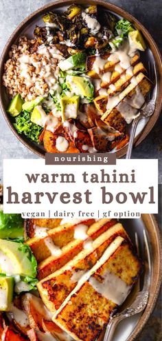 two bowls filled with different types of food and the words warm tahitii harvest bowl