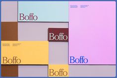 three different colored papers with the word bofio on them