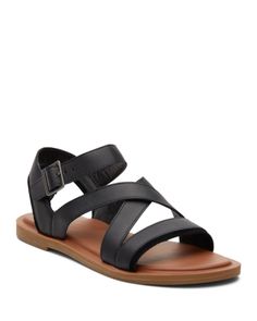 Toms Women's Sloane Leather Flat Sandals Black Faux Leather Beach Sandals, Casual Leather Strap Sandals For Spring, Adjustable Faux Leather Sandals With Removable Insole, Casual Black Sandals With Leather Strap, Spring Sandals With Adjustable Leather Strap, Adjustable Leather Strap Sandals For Spring, Adjustable Faux Leather Sandals For Vacation, Beach Sandals With Buckle Closure In Faux Leather, Black Leather Strap Sandals For Spring