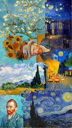 the painting is being displayed in front of a blue sky with clouds and sunflowers